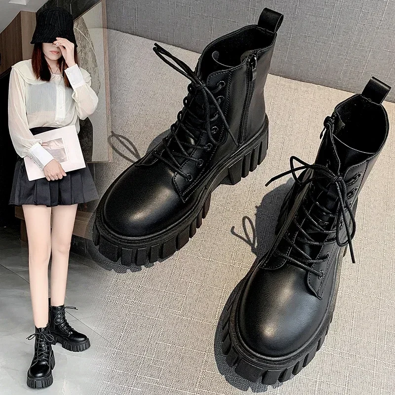 

Platform Ankle Boots Women Autumn Winter PU Leather Combat Booties Punk Thick Bottom Motorcycle Boots Side Zip Work Botas Mujer