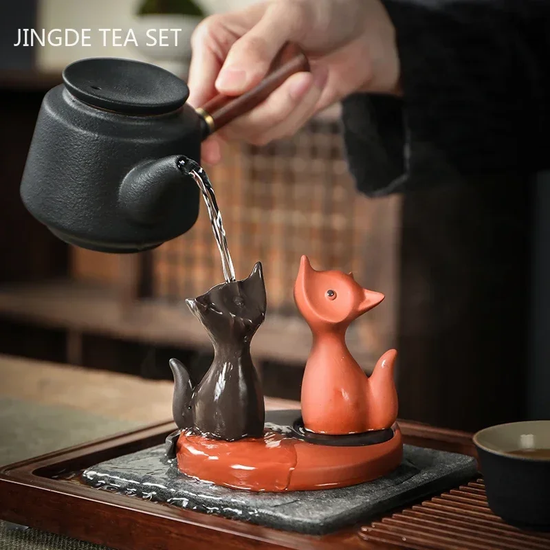 Boutique Cute Little Fox Handmade Tea Pet Decoration Purple Clay Tea Set Accessories Creative Tea Table Ornament Handmade Crafts