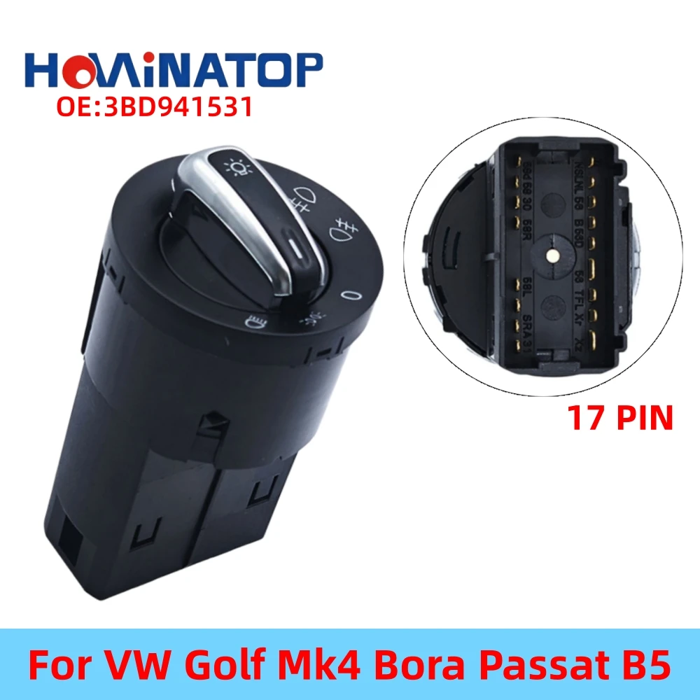 HOWINATOP 3BD941531 17Pin Headlight Control Switch With Fog Lamp Red Backlight For VW Golf Mk4 Bora Passat B5 OEM Replacement