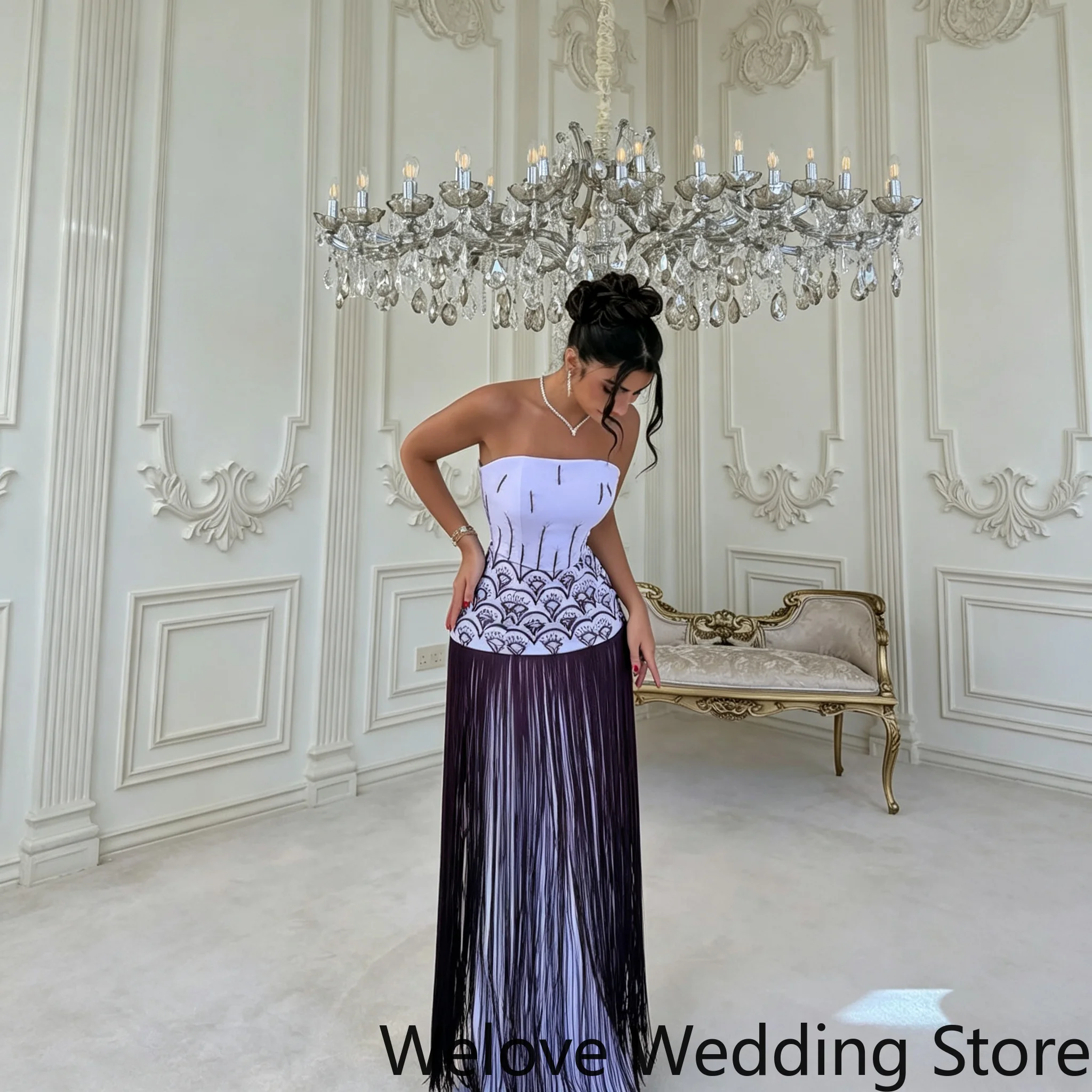 Formal Party Dress Strapless Tube Corset Bodice Intricate Silver Floral Rhinestone Embroidery Gradient Dark Long Fringe Slim