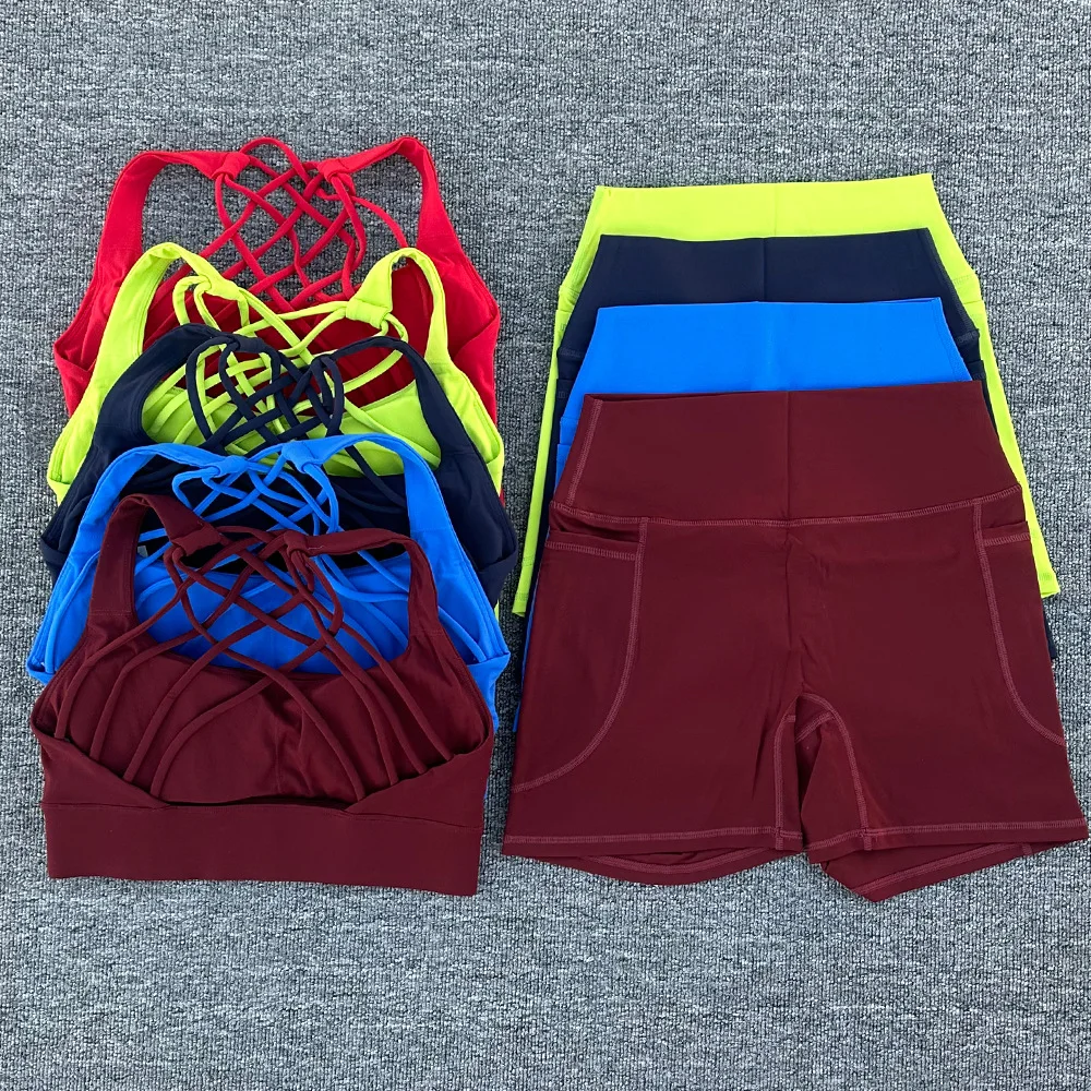 レディース-ナイロン製-ヨガセット-2点セット-セクシー-スポーツブラ-ハイウエスト-スポーツショーツ-ジム-フィットネス-ノースリーブ-ワークアウトスーツ-スポーツウェア