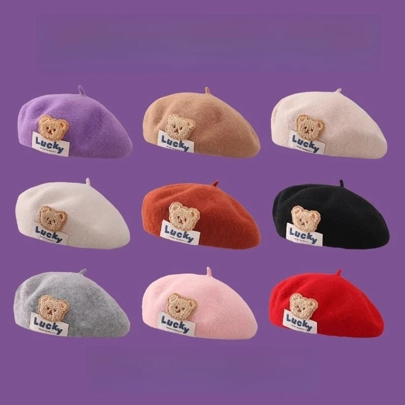 

Детские береты с милым медведем для девочек, новинка 2023 года, модные детские осенне-зимние береты, бархатные береты для девочек-подростков, японский корейский стиль