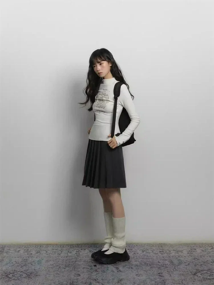 Y2K تي شيرت أبيض جرافيك للسيدات صيفي جديد عتيق Harajuku بأكمام طويلة نصف الياقة المدورة ملابس شارع عصرية كورية #5