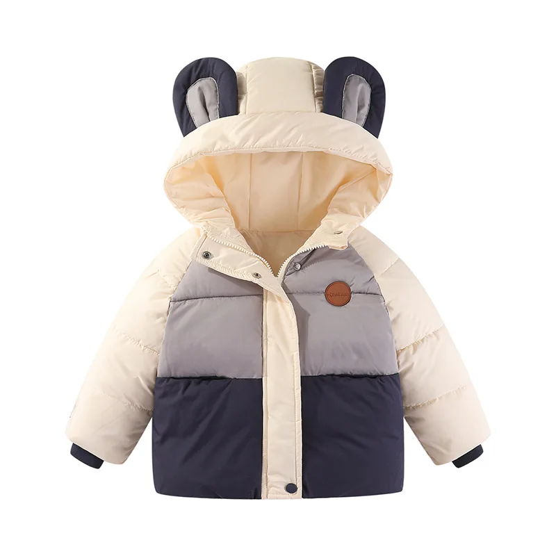 2023 Winter New Boys Jacket Patchwork Thicken Keep Warm Hooded Down Cotton Outwear For 2-6 Years Old Kids