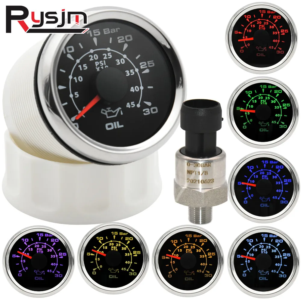 2'' 52MM Oil Pressure Gauge 0-30 Bar 0-450Psi 7 Color Backlight For Car Truck Boat 1/8NPT Pressure Transducer Transmitter Sensor