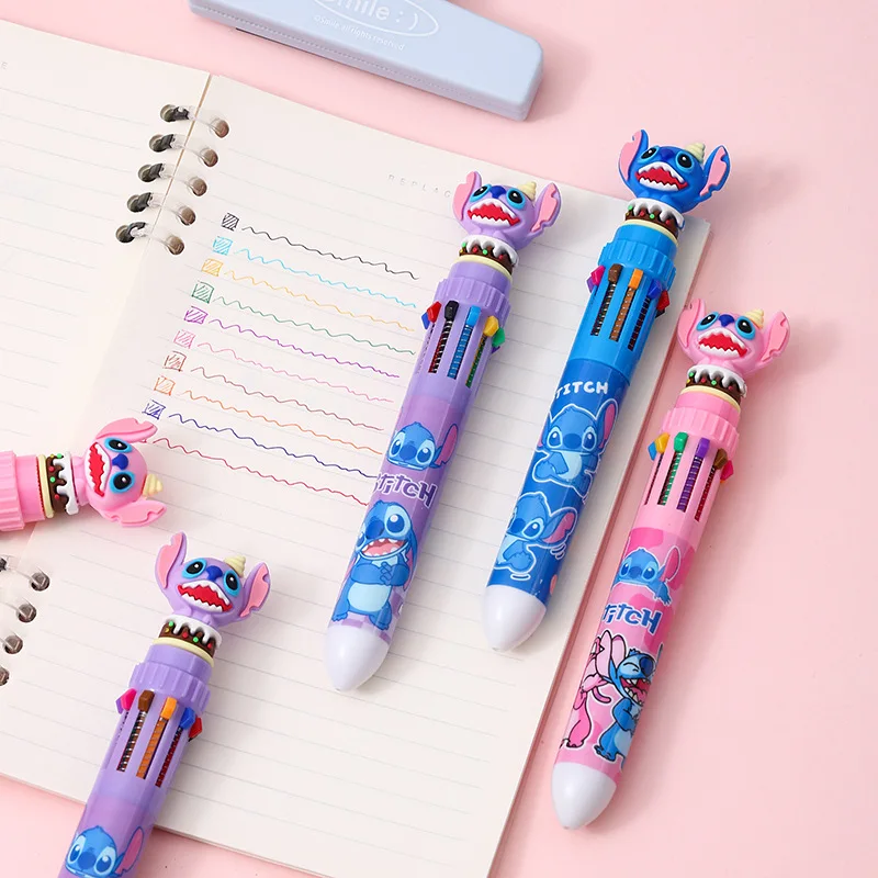 Lilo Stitch Penne a sfera a dieci colori Kawaii Stich Anime Pen Disney Accessori Materiale scolastico Apprendimento Regali di cancelleria per bambini