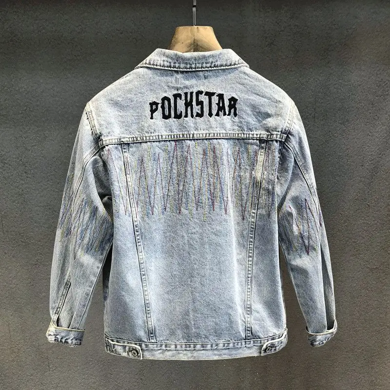 Korean Cargo Retro Nostalgic Washed Trendy Brand Embroidered Denim Jacket Men's Spring Autumn Loose Outer Casual Jacket Men