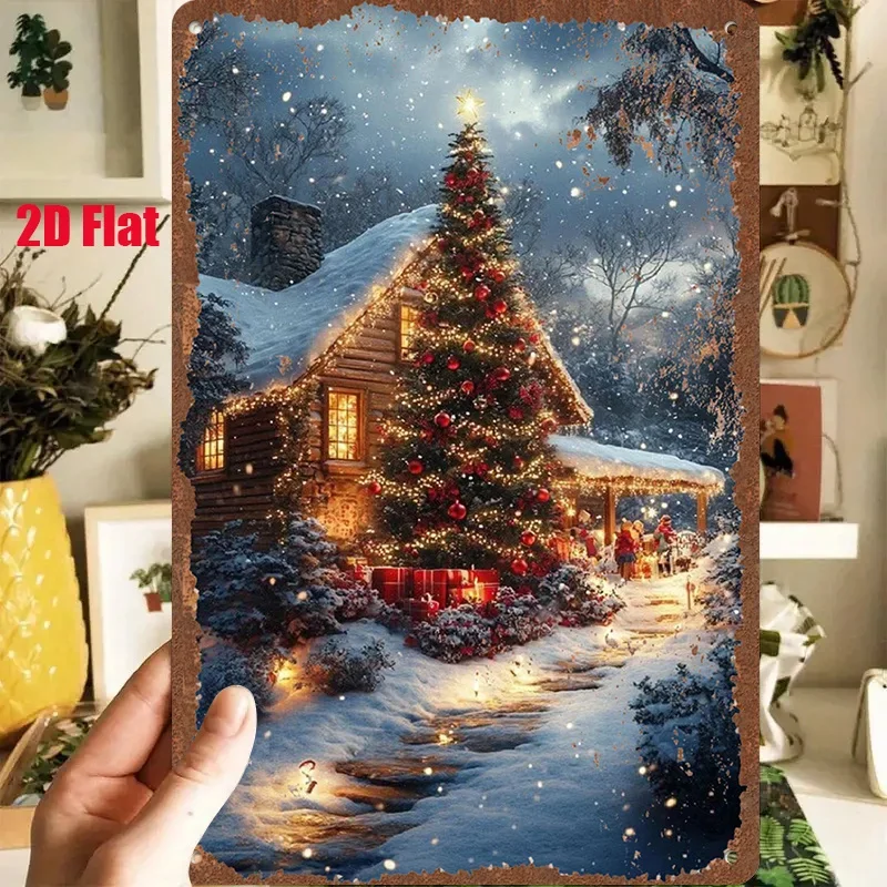 2D Flat - A 1pc 2D [Flat] Metal Sign Featuring a Vintage Tin Painting Titled 'Winter Snow Scene with Cabin And Christmas Tree' M