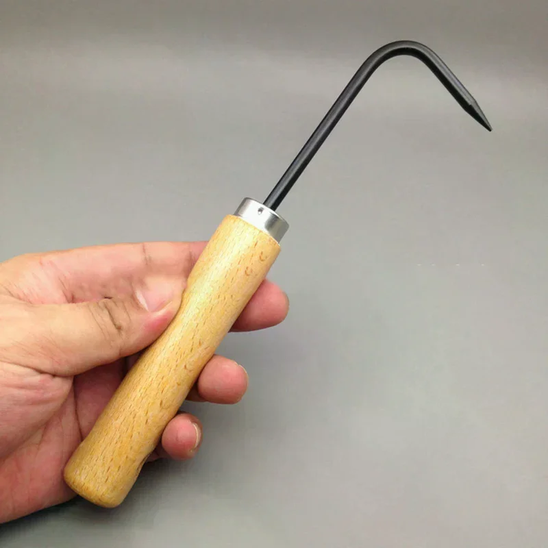 -Wholesale 21.5cm Firm Carbon Steel Bonsai Tools Hook Wooden Handle Durable Grass Hook Robust Grass Root Hook
