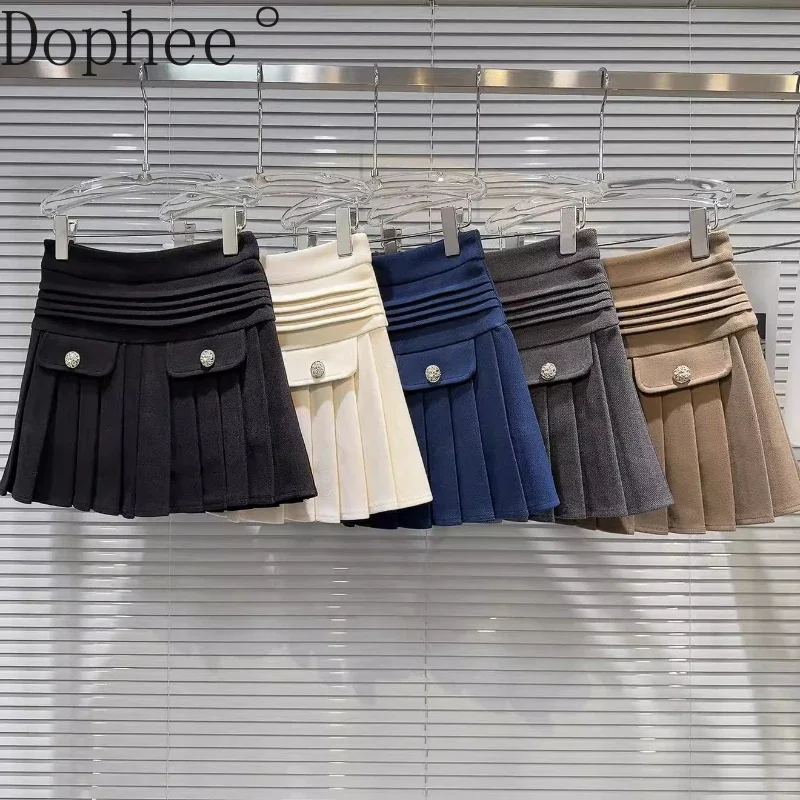 

Fashion Lady 2025 New Spring Solid Color Short A-line Skirt High Waist Drill Button Elegant Woolen Pleated Skirt Women All-match