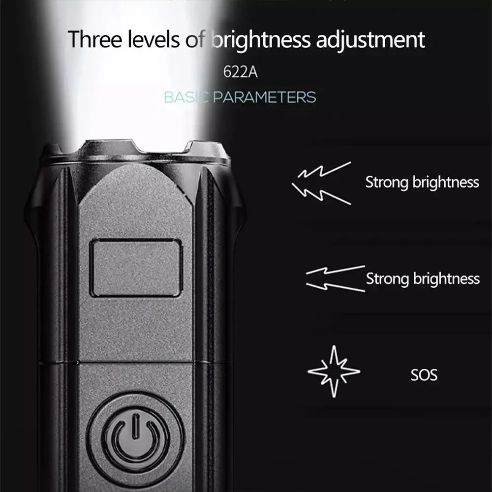 Portable LED Flashlight ABS Strong Light Focusing Flashlight USB Rechargeable Outdoor Home Strong Light Searchlight Waterproof