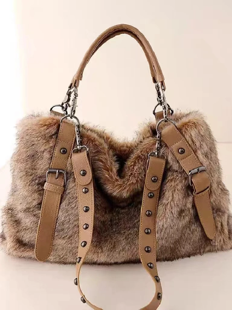 Autumn Winter Y2K Large Capacity Brown Plush Bag New Korean Fashion Handheld Tote Bag Commuter Versatile Single Shoulder Bag