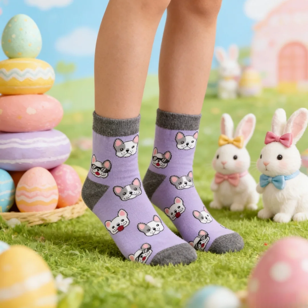 

1 пара милых фиолетовых носков с изображением французского бульдога, игривые и модные, идеально подходят для повседневной одежды.