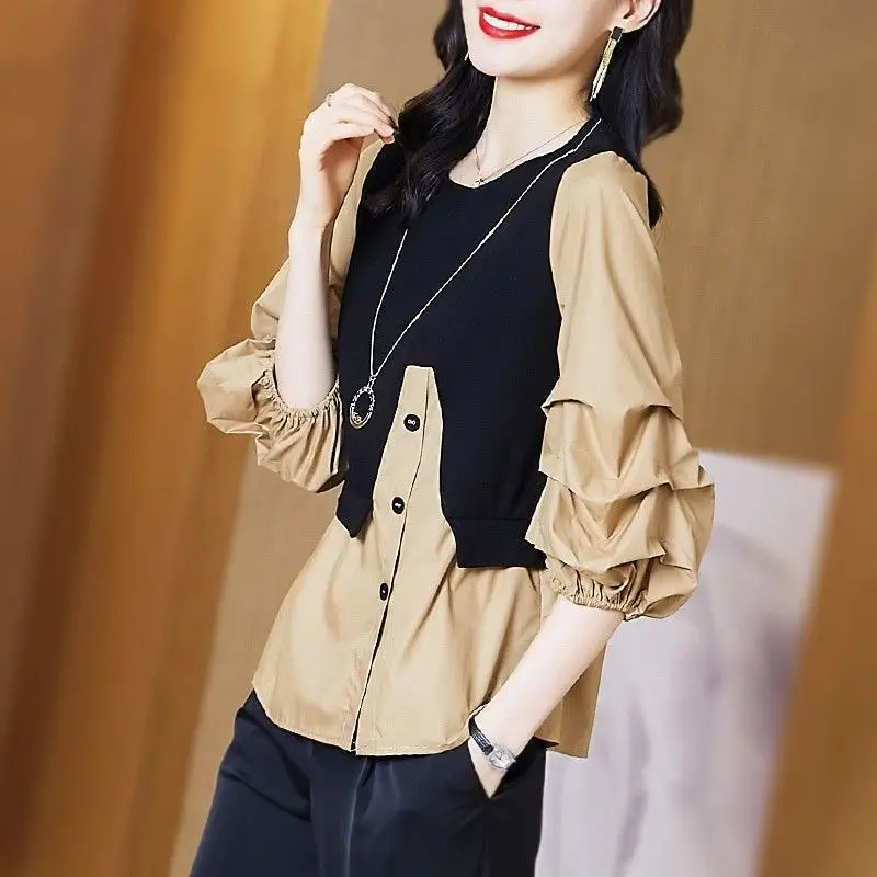 Fashion Button Spliced Irregular Fake Two Pieces Blouse Women\'s Clothing 2022 Autumn New Oversized Casual Pullovers Korean Shirt