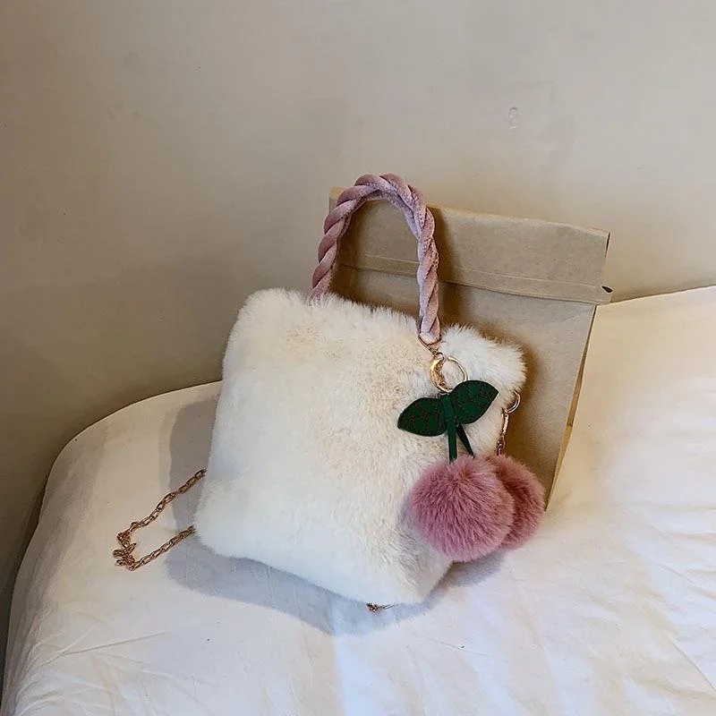 Cute Fashion Shoulder Bags Cherry Plush Tote Bag For Women Winter Warm Fluffy Bucket Bag Simple Cherry Plush Handbag