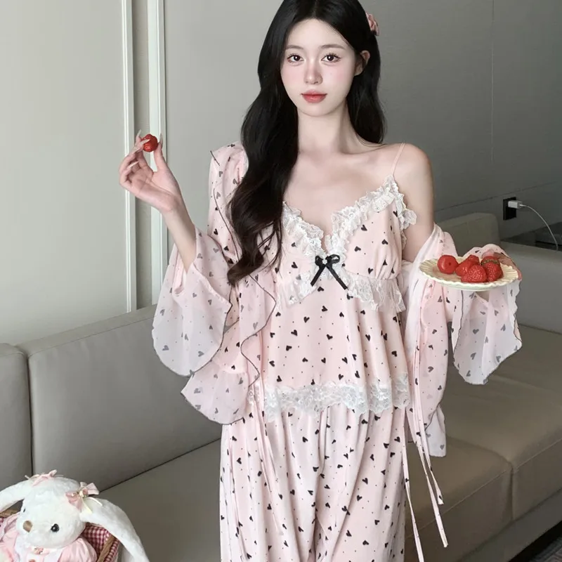 2024 Autumn Plus Size 3PCS Sexy Lace Lingerie Spaghetti Strap Velour Pajama Sets For Women Cute Sleepwear Homewear Home Clothes