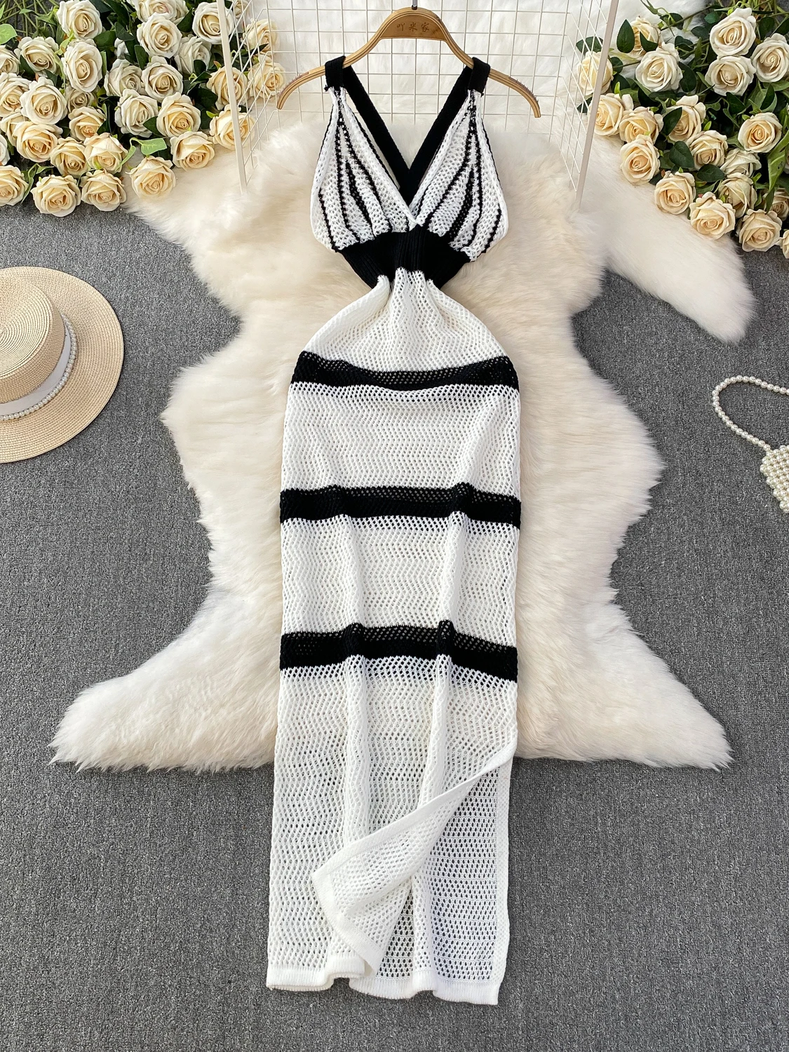 Vestido de Punto con Tirantes, Estilo Bohemio Vacacional, Bloques de Color, Escote en V, Aberturas, Espalda Descubierta, Cint...