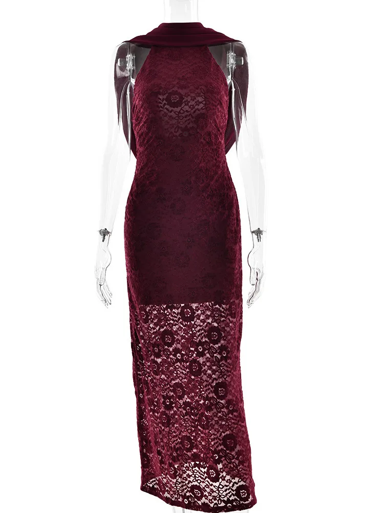 Arctic Cat Mouwloos Kant Chiffon Patchwork Bodycon Party Club Avondjurk Vrouwen Sexy Backless Slanke Maxi Jurken Herfst Nieuwe 2025