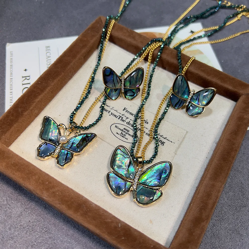 Abalone shell butterfly classic hot-selling versatile, elegant retro premium plated real gold antique necklace S925 earrings