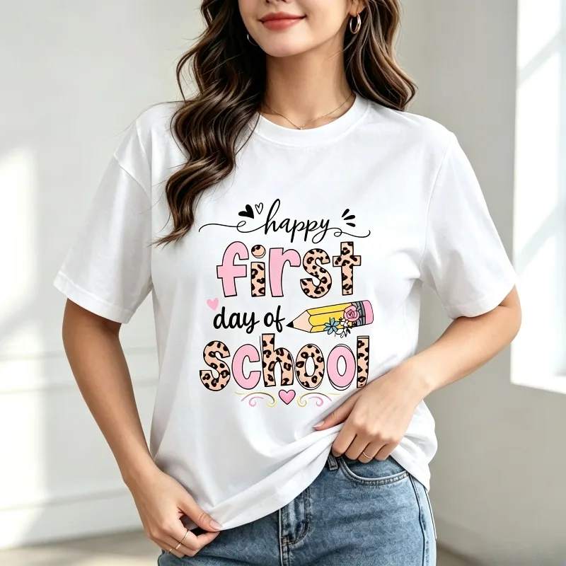 Happy First Day of School T-Shirt Women Leopard Print Pencil Graphic Tee Casual Short Sleeve Tops Soft Modal Teacher Gift Shirt