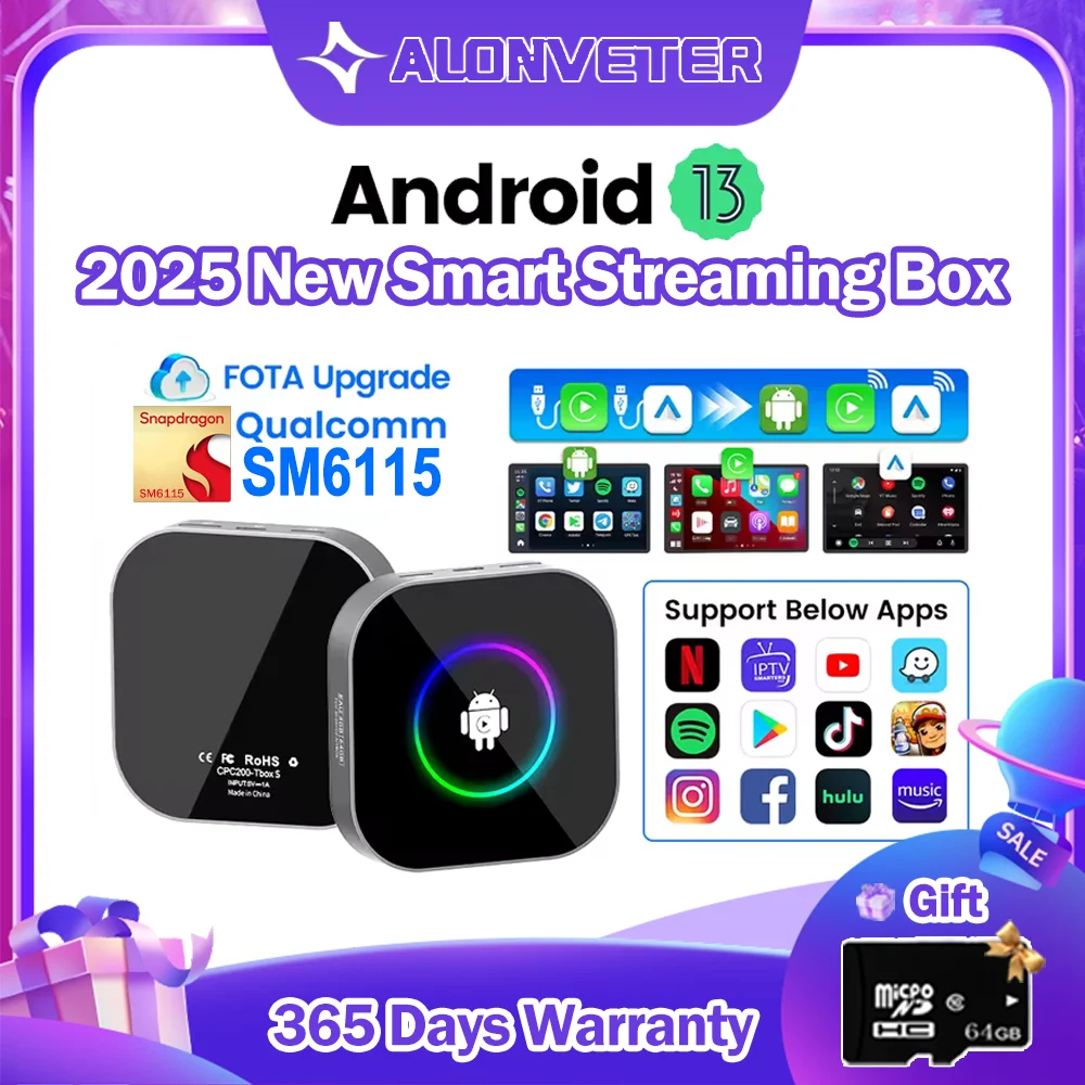 

CarlinKit Android 13 Автомобильный ТВ-приставка Qualcomm SM6225 8-ядерный беспроводной Android Auto и CarPlay Ai Box для IPTV SD Расширяемый до 512 ГБ