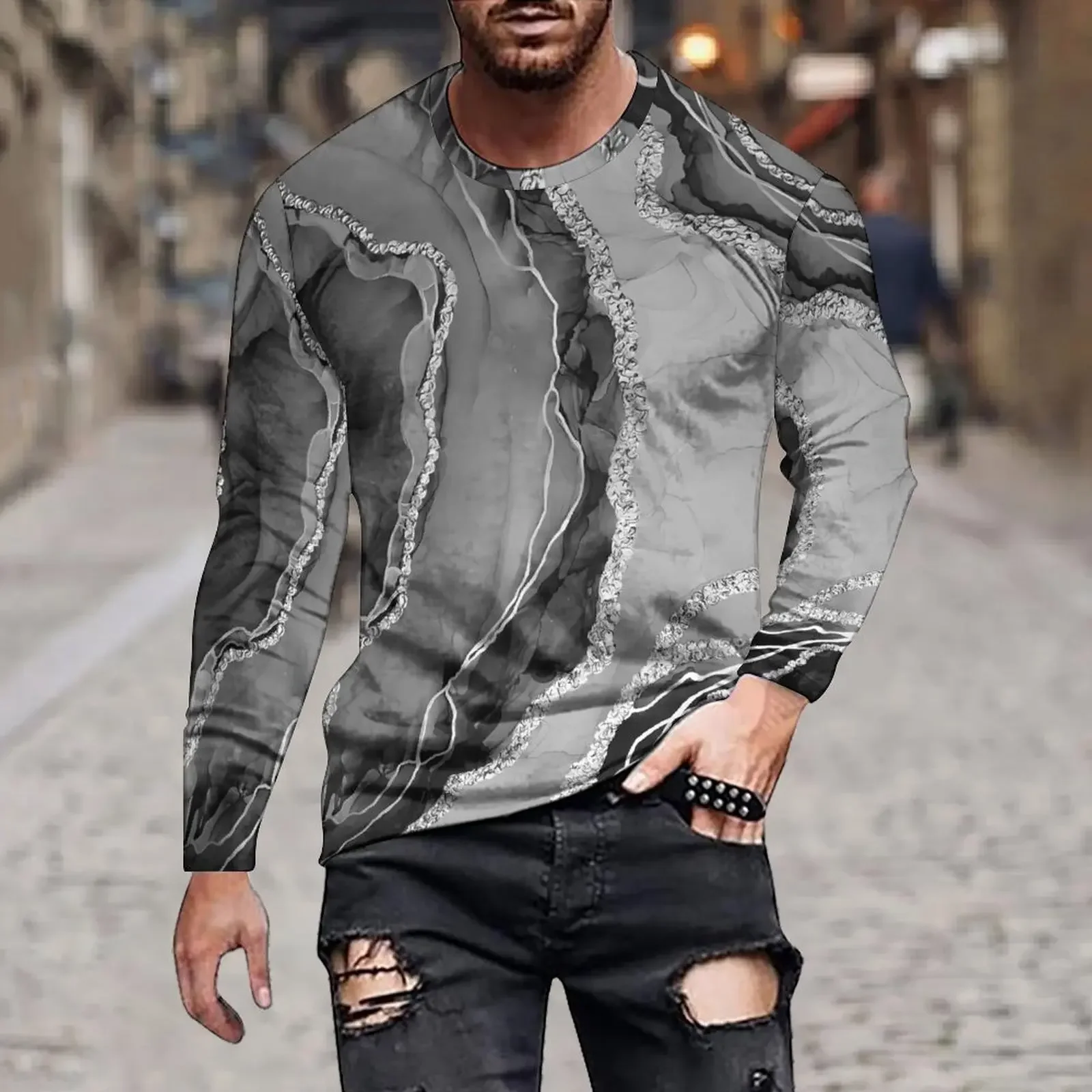 Simple Spring And Autumn Fashion Men Loose Casual Long Sleeve Solid Color Irregular Simulation 3D Printed Round Neck Hoodie Tops