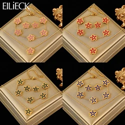 EILIECK 316L Stainless Steel 5-Color Zircon Clover Necklace Bracelet Earrings Set For Women New Trendy Flower Jewelry Set Gift