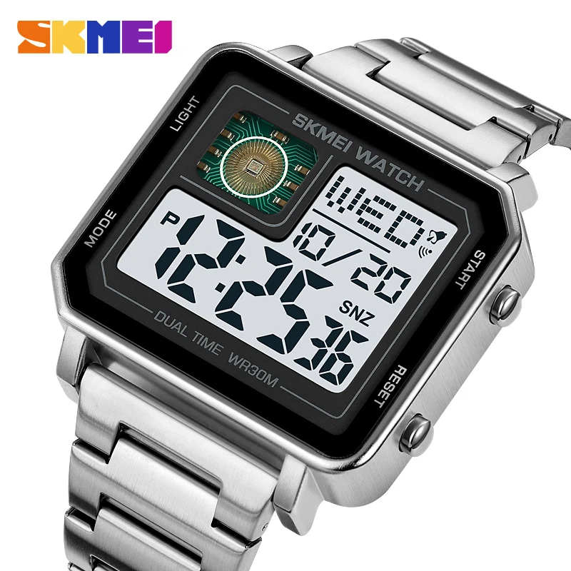 SKMEI 2033 LED Luminous Leisure Square Clock Rectangle Men\'s Watches Stainless Steel Digital Watch Waterproof