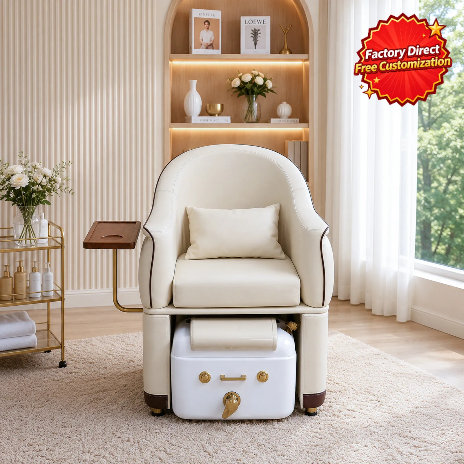 Pedicure Chair with Foot Spa Tub Manicure Station Wooden Side Table for Salon Beauty Shop