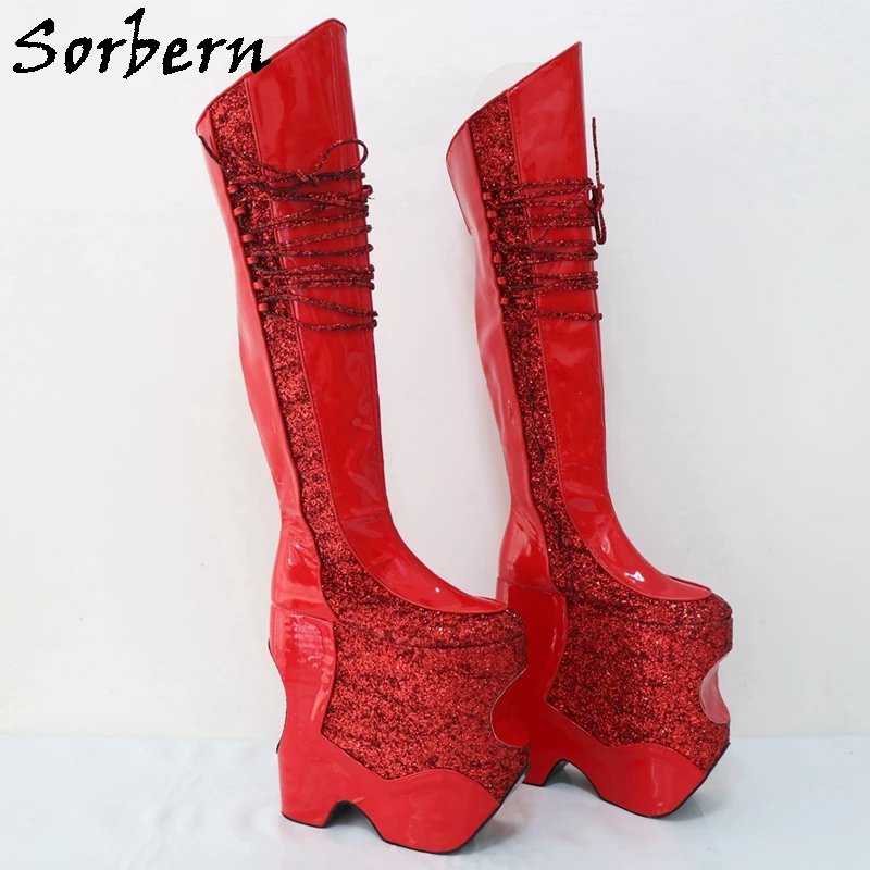 Sorbern Red Drag Queen Over The Knee Boots Women Wedges Thick Platform Fetish Boots Taking Photos Styles Boots