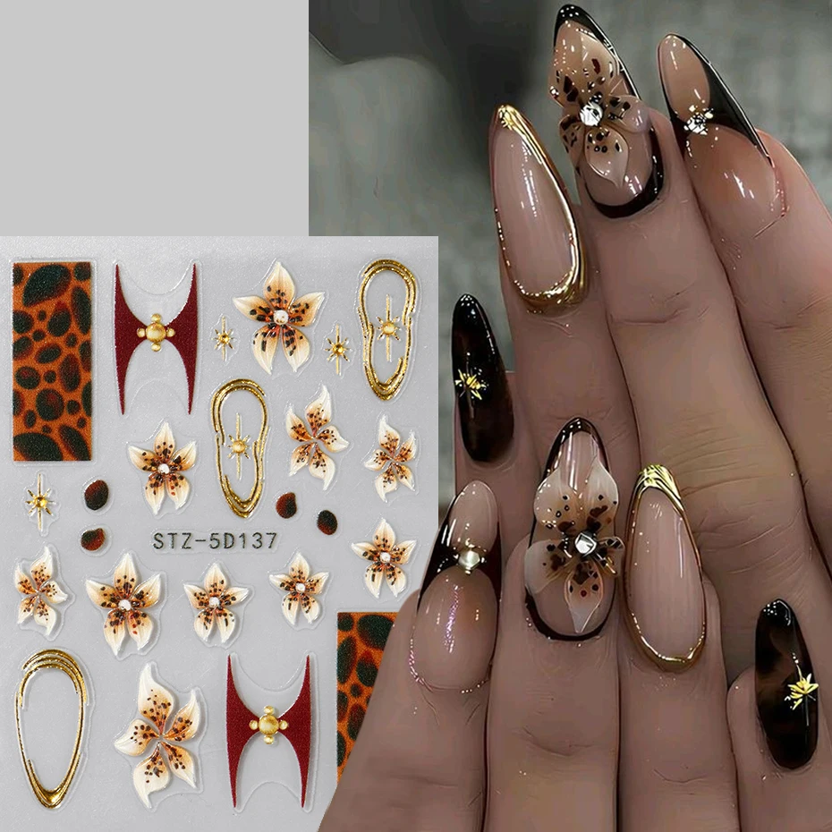 2 uds 5D en relieve Hada marrón flor de orquídeas pegatinas de uñas líneas bronceadoras doradas estrellas deslizadores adhesivos para uñas DIY dijes Deco