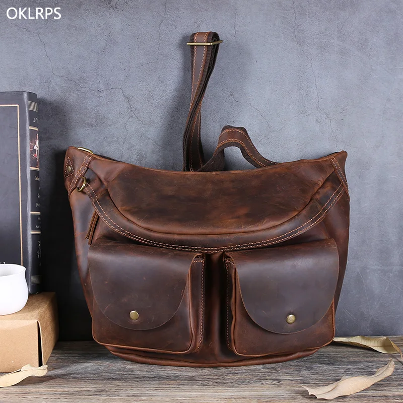 Imagem -02 - Bolsa Masculina de Peito de Couro Vintage de Camada Superior Bolsa Tiracolo de Ombro ao ar Livre Cintura de Couro Casual Tendência da Moda