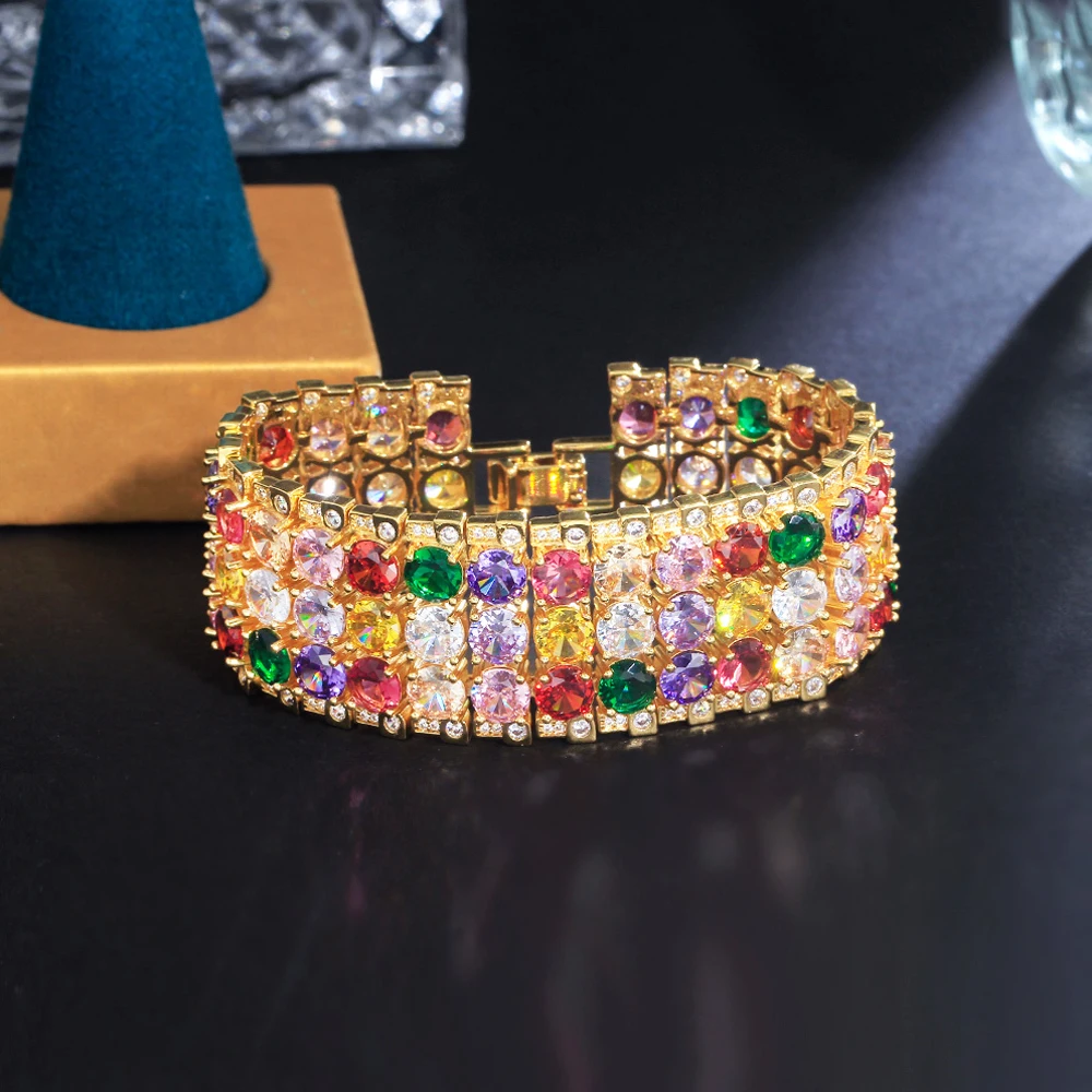 BeaQueen Big Round Colorful Full CZ Stones Setting Bracelet Bangle High End Dubai Gold Plated Jewelry for Women Prom Dinner B268