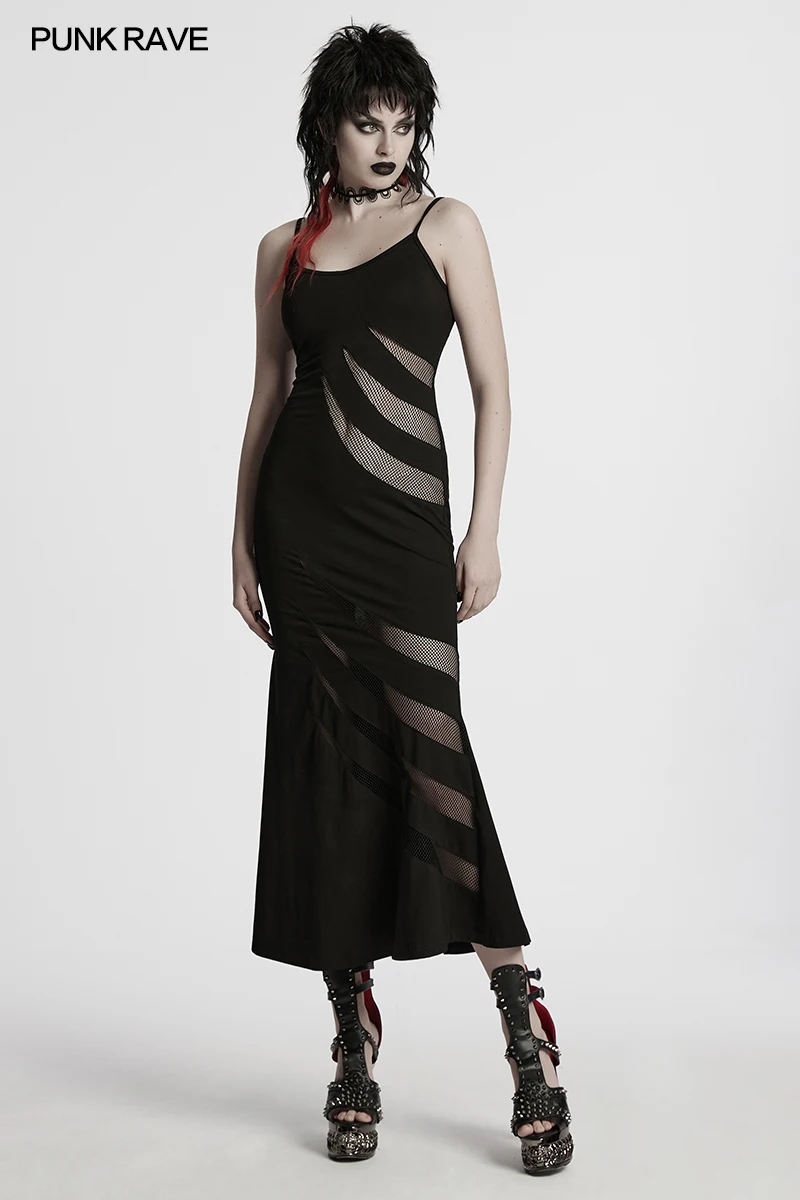 PUNK RAVE – robe Punk en tricot élastique pour femmes, maille asymétrique, Segmentation des dents pointues, Sexy, ajourée, robes foncées de Club