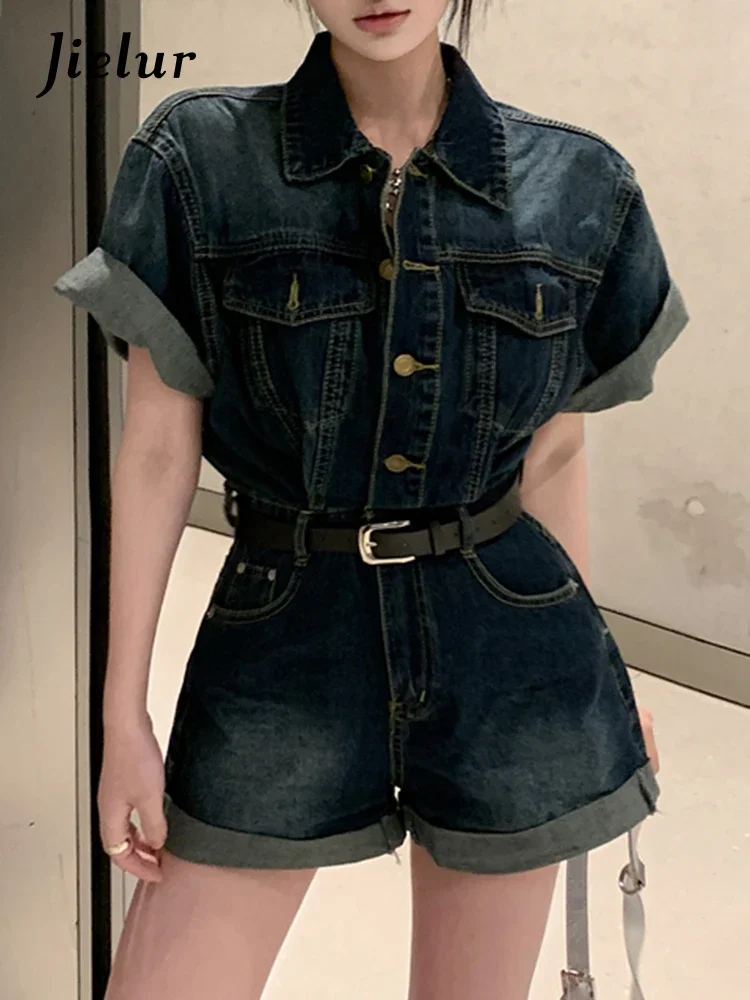 Jielur Summer New Vintage High Waist Denim Shorts Woman Casual Street Belt Women's Shorts Fashion Korean Blue Light Top Female