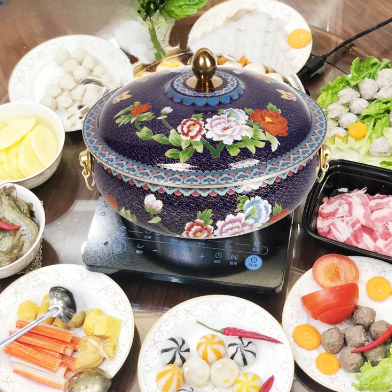 Blue enamel Chinese-style Yuanyang pot induction cooker copper hot pot retro ice boiled sheep home clear soup