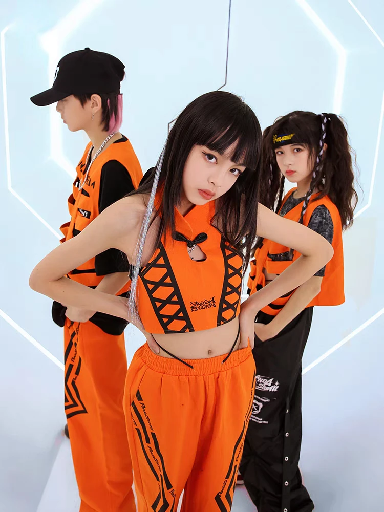 Nieuwe Tieners Kinderen Hiphopkleding Oranje Vest Broek Pak Meisjes Jazz Performance Kostuum Moderne Danskleding Jongens Podiumkleding