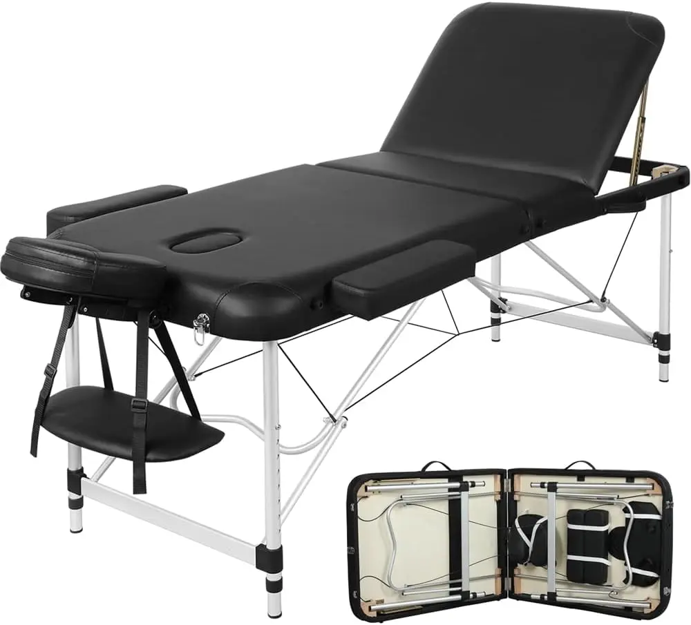 Portable Folding Massage Table Adjustable Lash Tattoo Bed Black | 28 in wide, foam-padded PVC leather on a heavy-duty aluminum frame, folds for transport, and adjustable for salon or home use