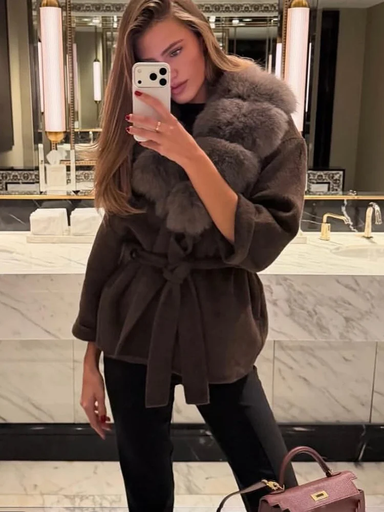 Tossy Women's Faux Fur Shearling Coat Faux Fur Collar Faux Fur Cuffs Belted Waist Long Sleeve Oversized Fit Daily Women Coat