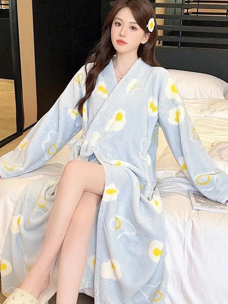 

Кимоно, пижама, женская осенне-зимняя утолщенная коралловая бархатная теплая пижама с длинными рукавами, весенне-осенняя новая пижама, халат, домашняя одежда для сна