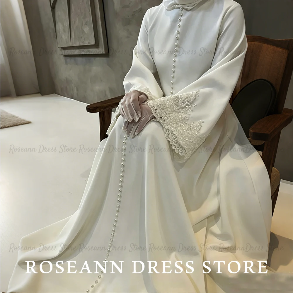 Roseann Hochzeitskleid, bescheidenes muslimisches Brautkleid mit ausgestellten Ärmeln, Spitze, Perlenverzierung, Satin-Abaya, Brautkleid, Vestido de Novia, Schärpe, individuell anpassbar