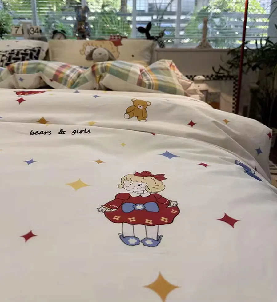 Cute bear girl star bedding set 1.2 1.5 1.8,twin full queen lovely kawaii cotton home textile bed sheet pillow case quilt cover