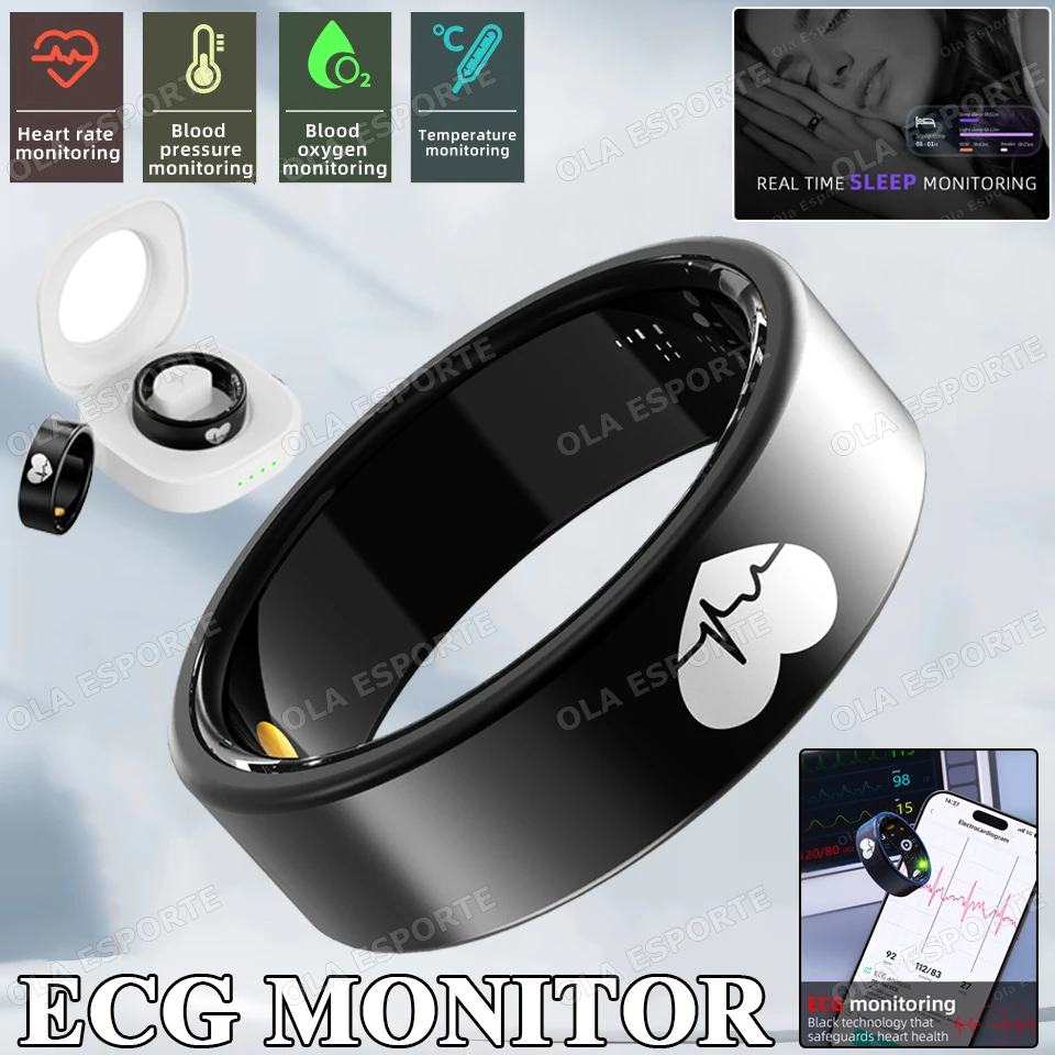 

New ECG Smart Ring Men Women Charging Box Body temperature Blood pressure Health Monitor 5ATM Waterproof Remote Control Rings