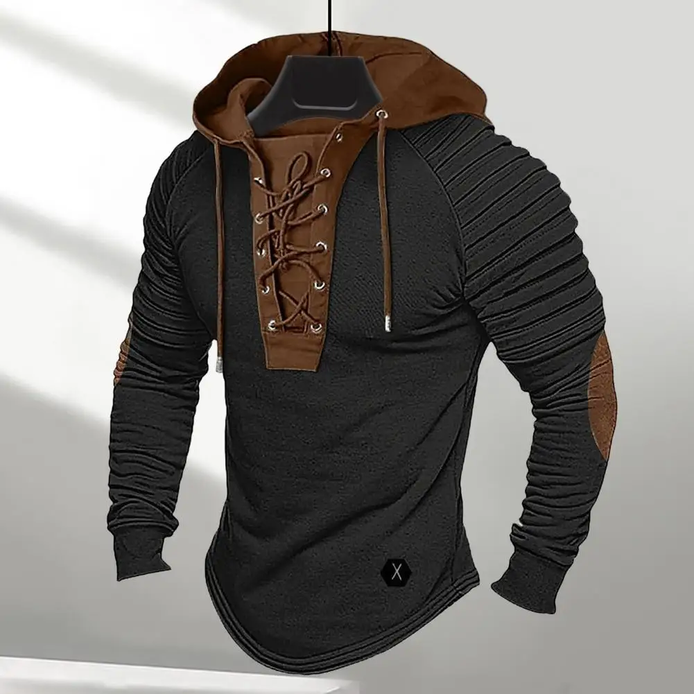 Men Color Block Hoodie Colorblock Drawstring Hoodie With Pleated Shoulders For Men Retro Style Long Sleeve Pullover With Lace-up