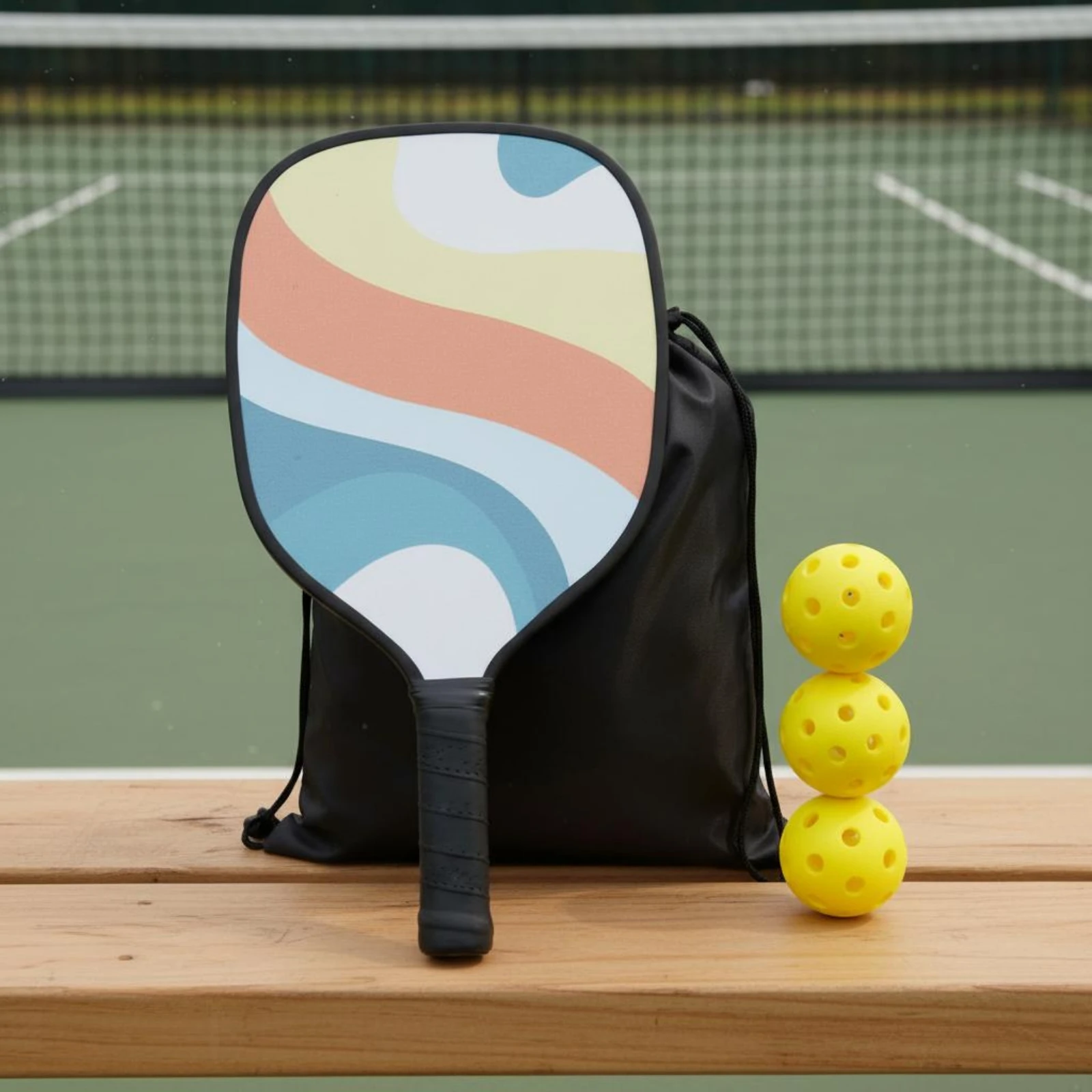 2 Participant Pickleball Set Includes Carrying Bag Pickleball Racket Set Colorful Wavy Design for Sports Clubs