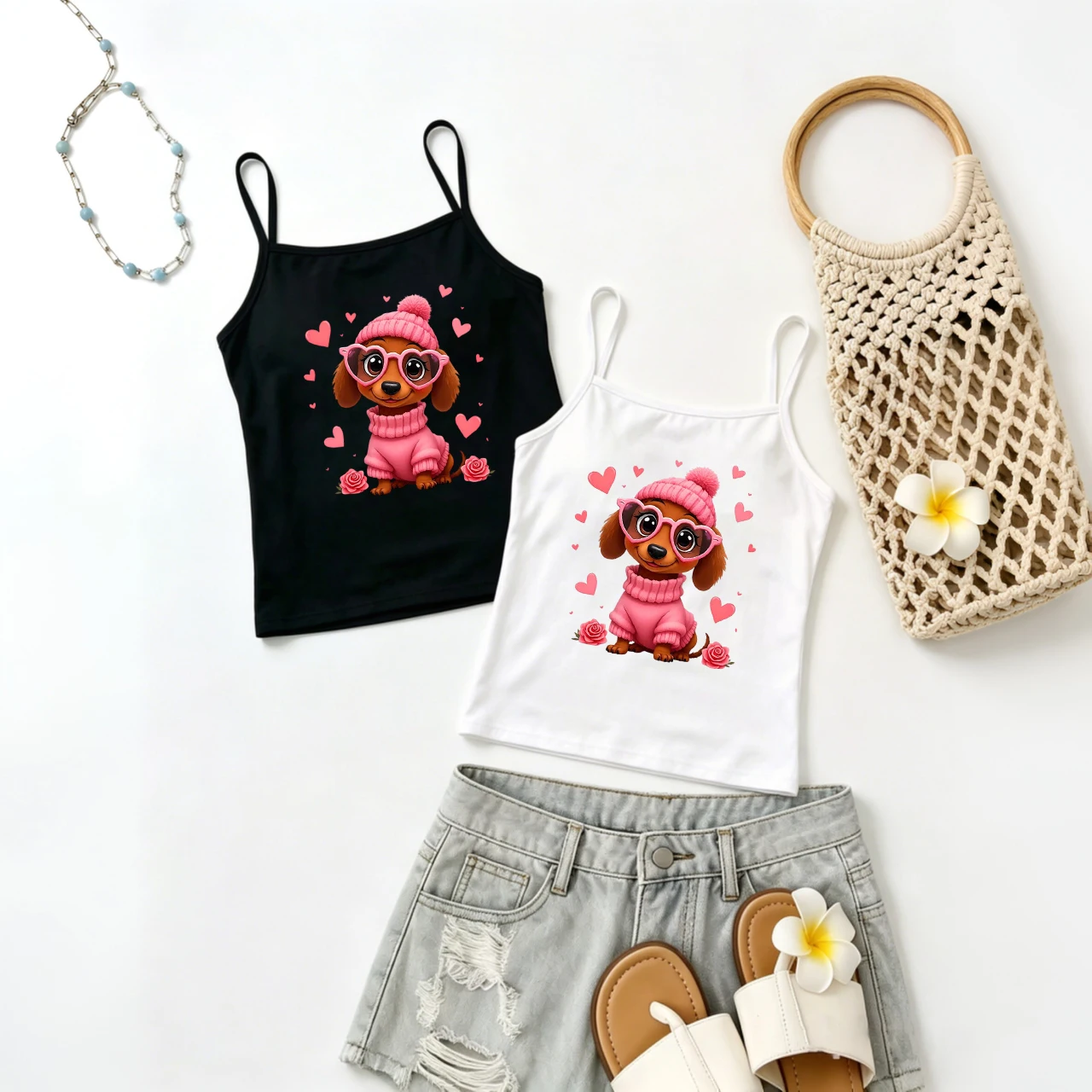 Women Cute Puppy Dog Camisole Top Casual Heart Glasses Printed Sleeveless Vest Summer Harajuku Rose Floral Tank Top