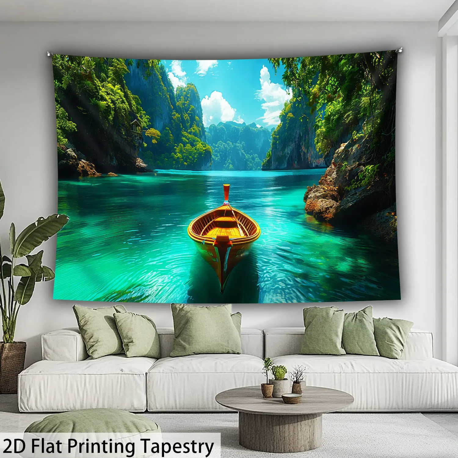 Crystal Clear River Boat in Jungle Valley Wall Mural 2D HD Print Scenic View Travel Decor Nature Landscape Home Living Room