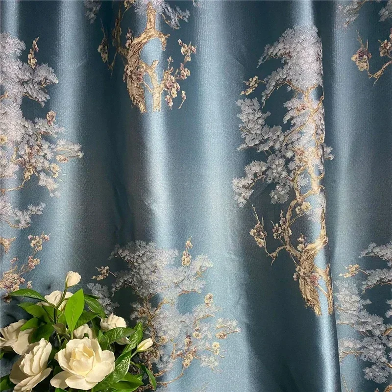 

European Luxury Embroidered Blue Jacquard Curtains for Living Room Bedroom High-end Blackout Curtain Voile Customized Decoration