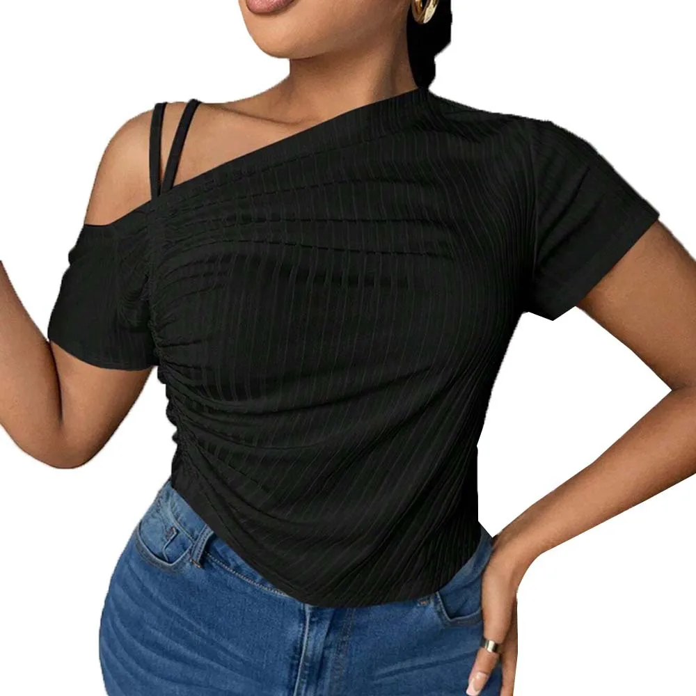 Estate Nuova T-shirt da donna 2025 Sexy manica corta Moda Slim Off spalla Crop Top Casual Streetwear Tinta unita Abiti semplici