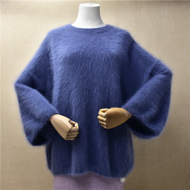 

Ladies Women Fall Winter Clothing Hairy Mink Cashmere Knitted Long Flare Sleeves O-Neck Loose Pullover Angora Fur Sweater Jumper